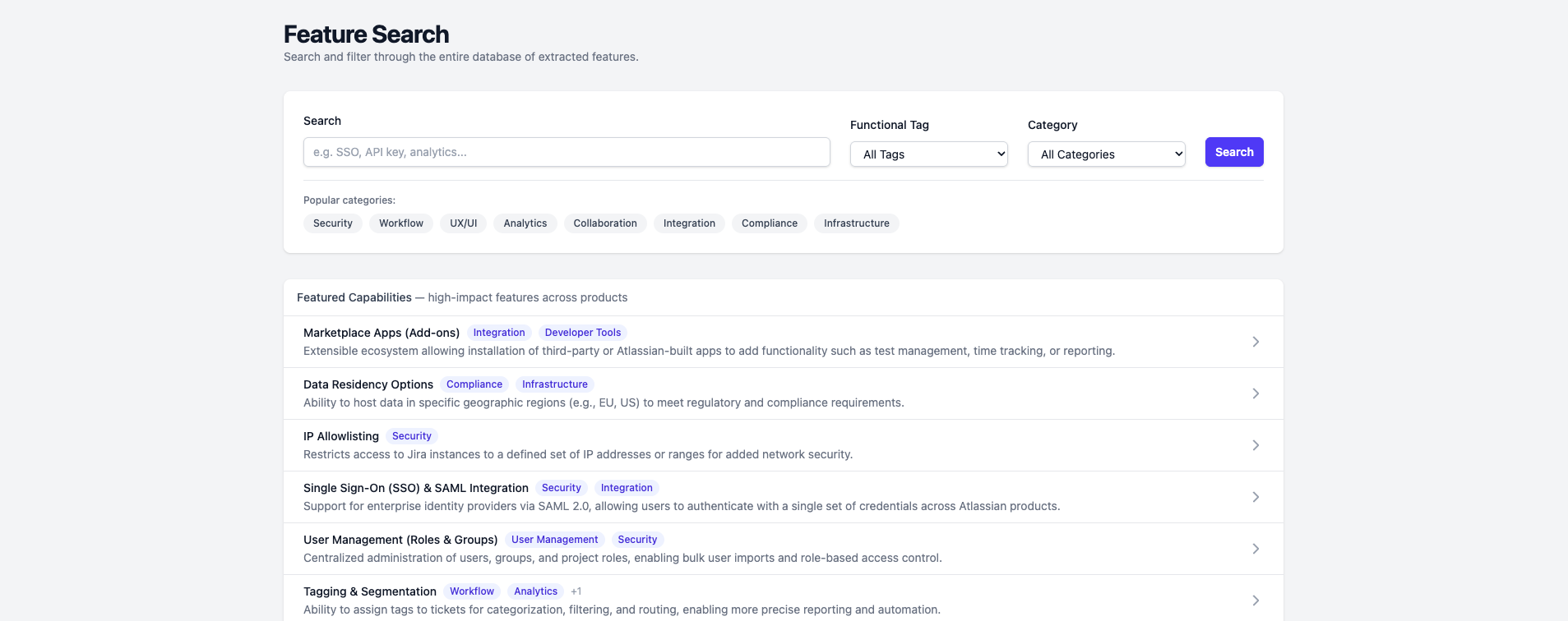 Feature search — browse and filter extracted features across products